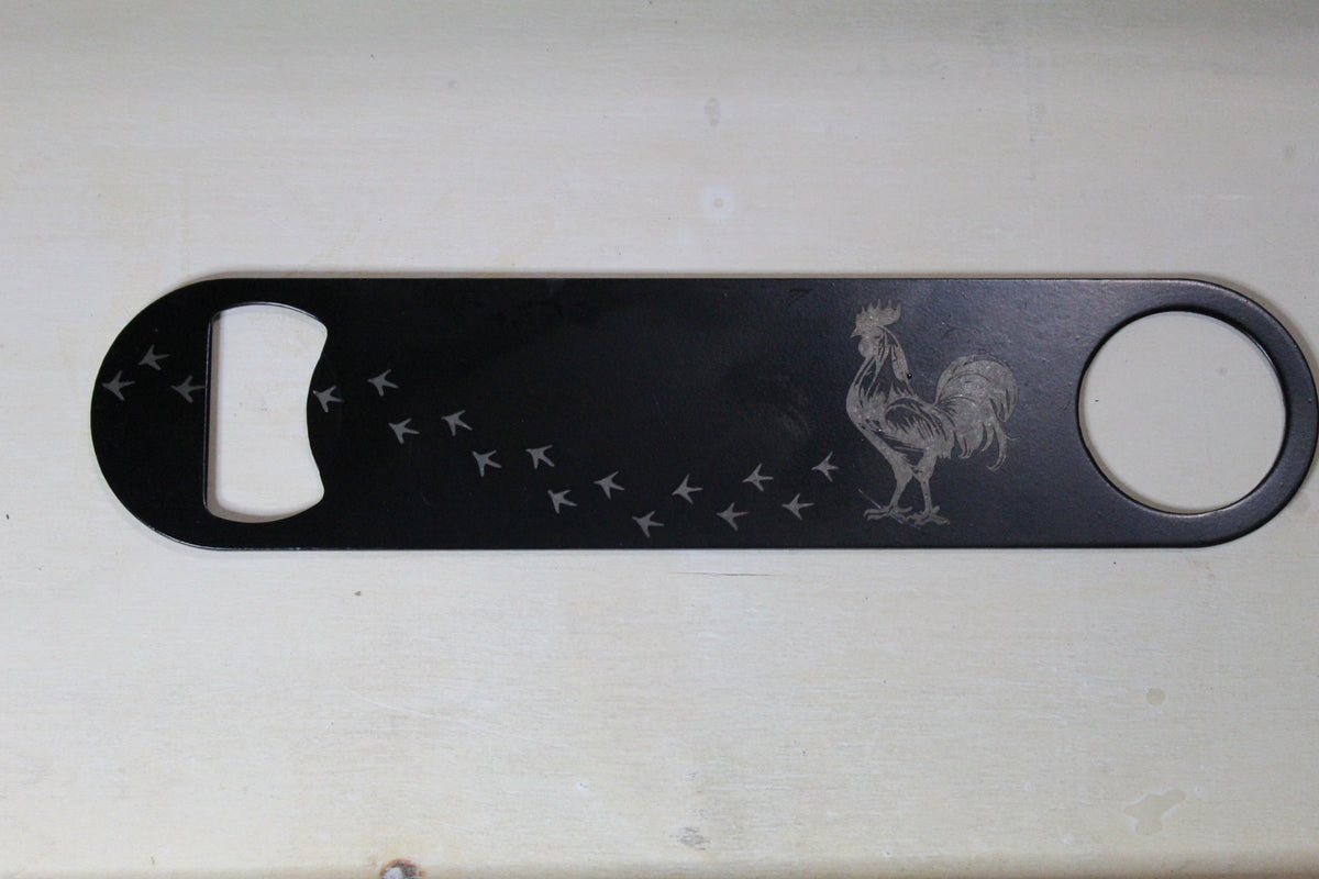 7 inch Bottle Opener With Rooster and Tracks (Adult Humor)