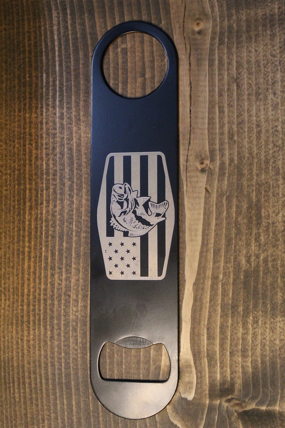 7 inch Black Bottle Opener (USA flag with Bass)