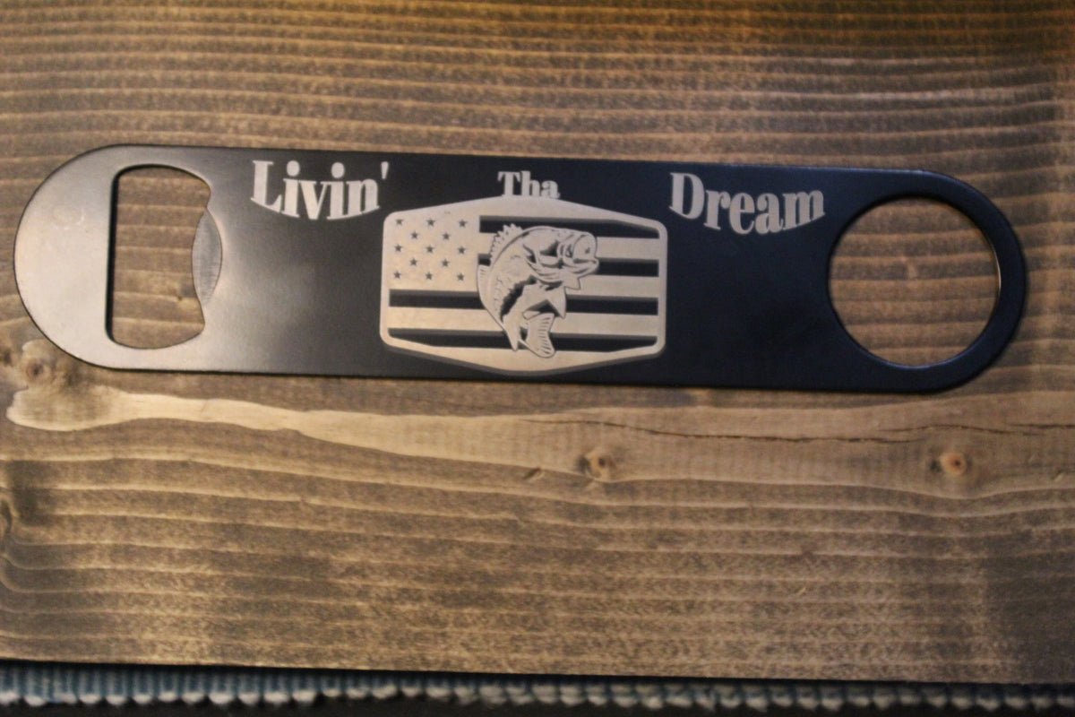 7 inch Black Bottle Opener (USA flag with Bass and "Livin' Tha Dream")