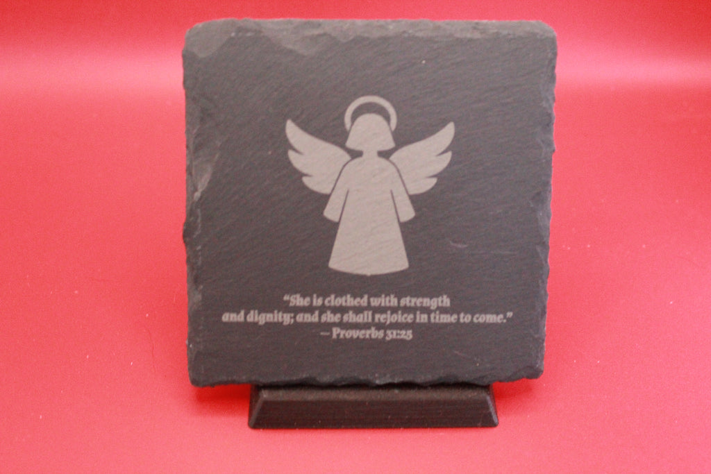 Angel with proverbs 31:25 Square Slate Coaster-set of 4