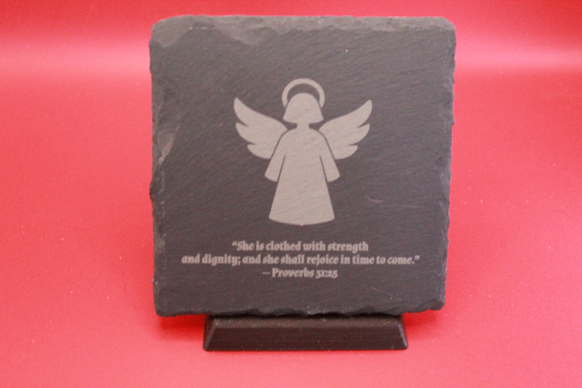 Angel with proverbs 31:25 Square Slate Coaster-set of 4