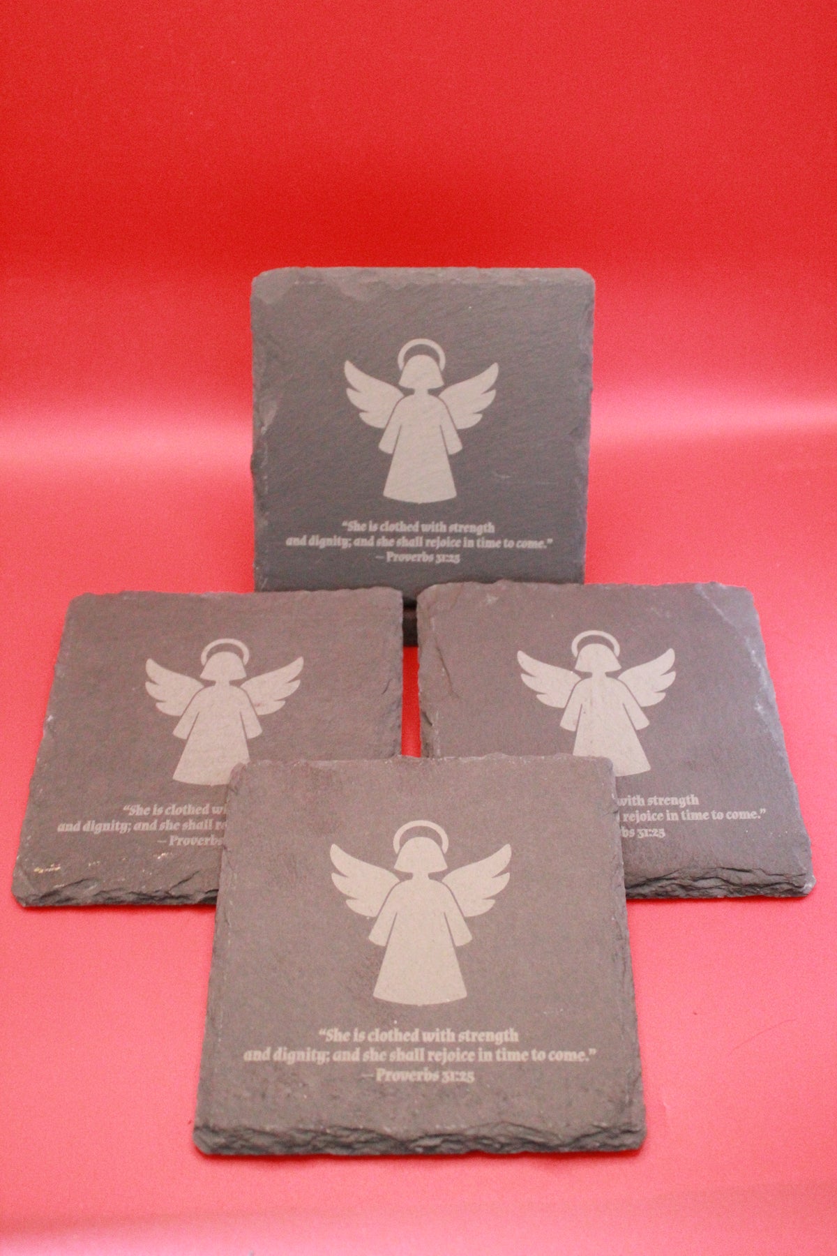 Angel with proverbs 31:25 Square Slate Coaster-set of 4