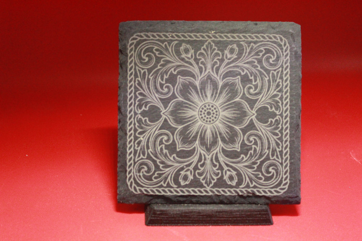 Floral Leather Tooling Designed Laser Engraved Slate Coaster (set of 4)