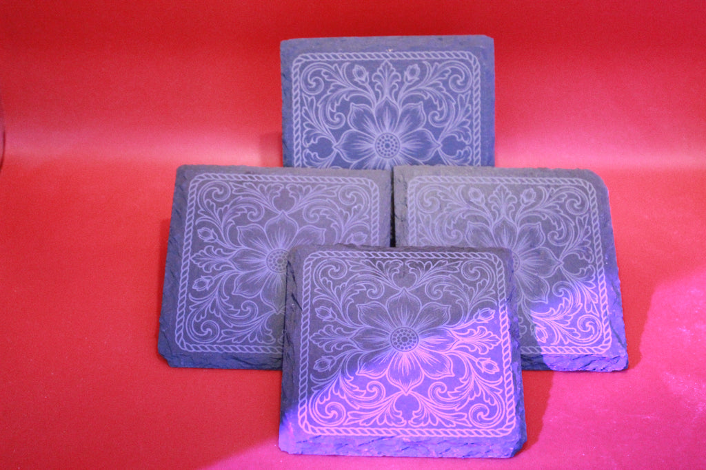 Floral Leather Tooling Designed Laser Engraved Slate Coaster (set of 4)