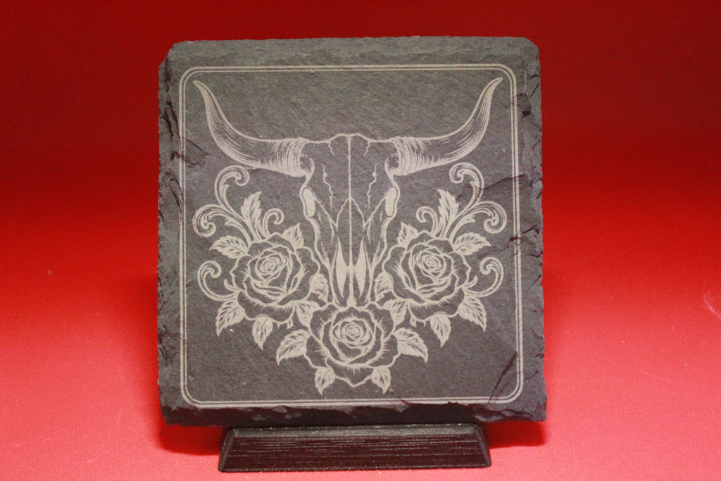 Cow Skull and Flowers Laser Engraved Slate Coasters (set of 4)