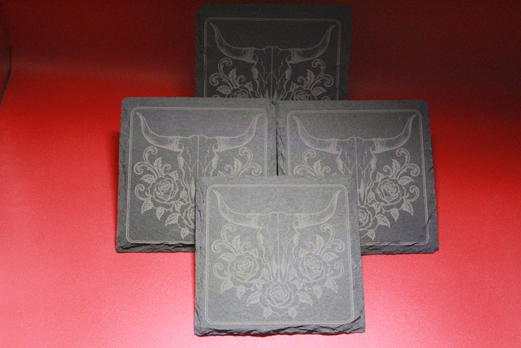 Cow Skull and Flowers Laser Engraved Slate Coasters (set of 4)