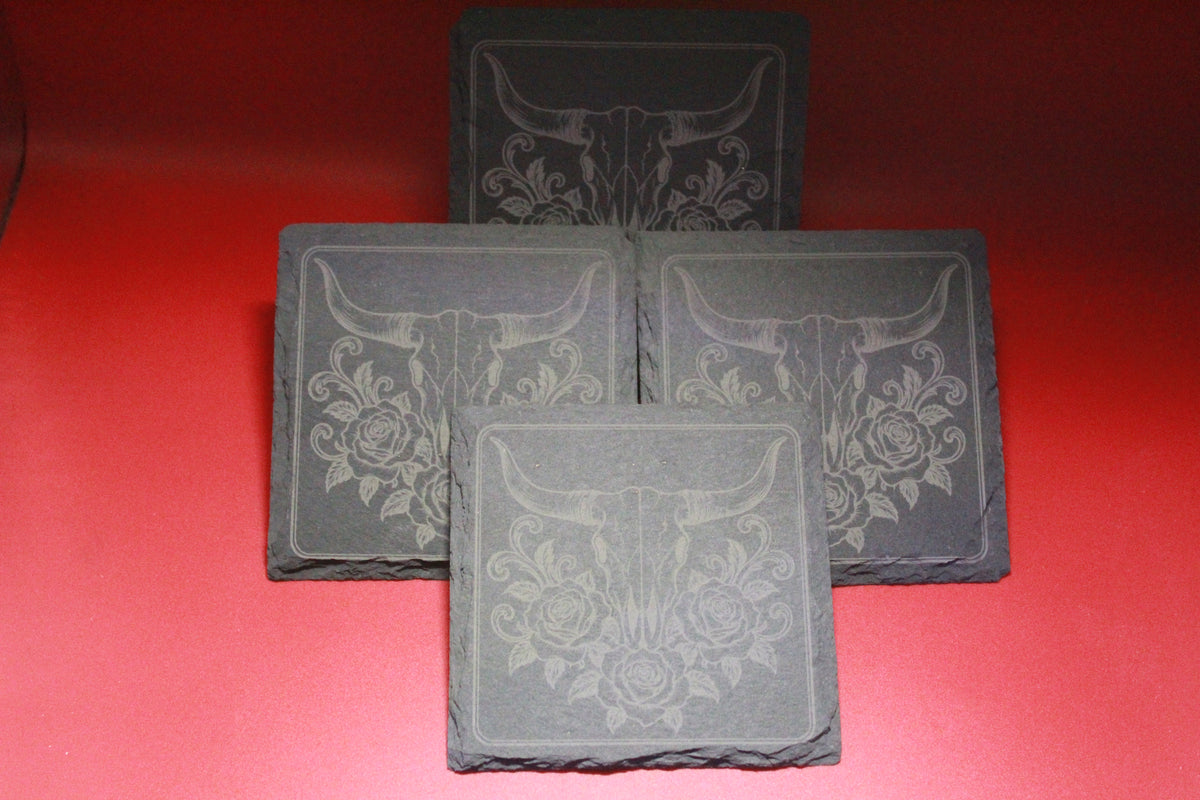 Cow Skull and Flowers Laser Engraved Slate Coasters (set of 4)