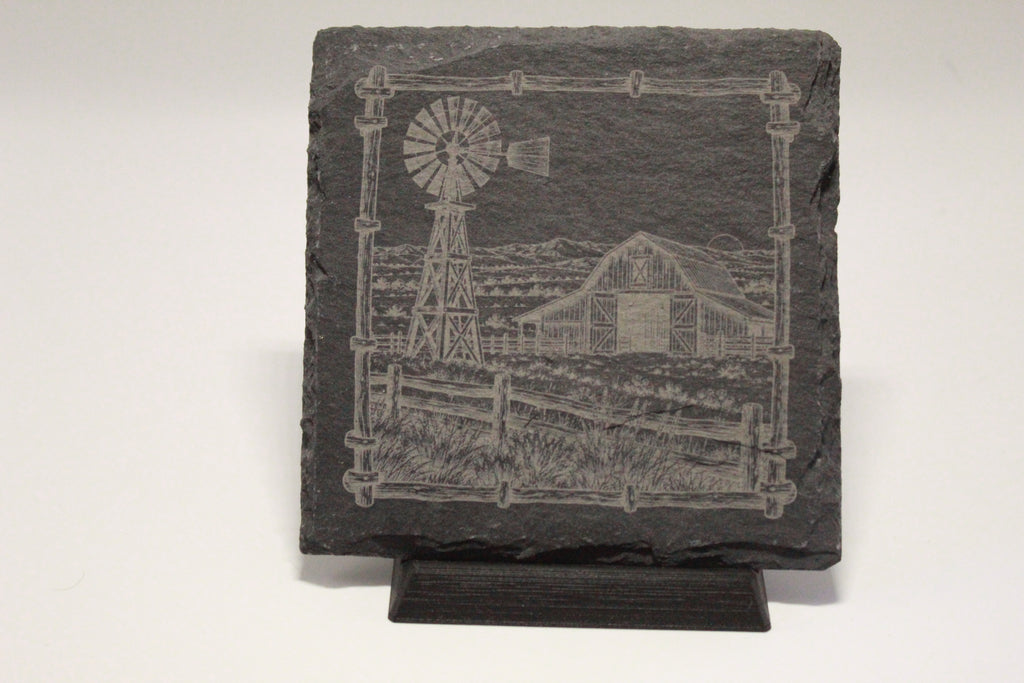 Windmill and Barn Laser Engraved Square Slate Coasters (set of 4)