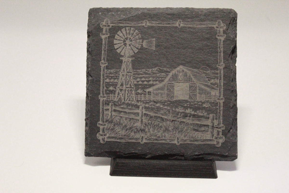 Windmill and Barn Laser Engraved Square Slate Coasters (set of 4)