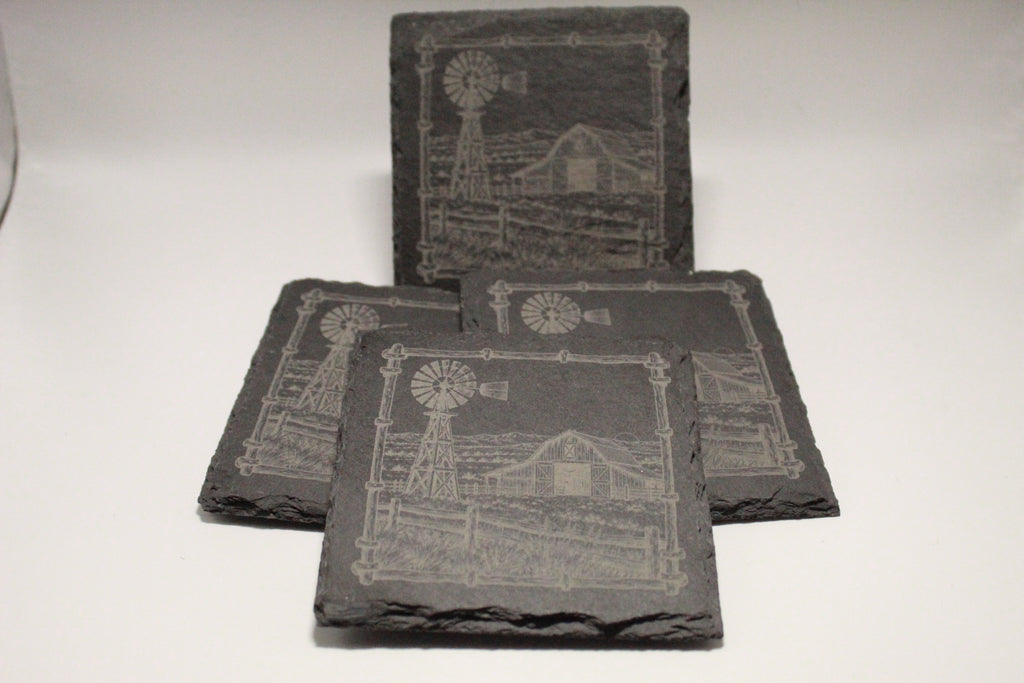 Windmill and Barn Laser Engraved Square Slate Coasters (set of 4)