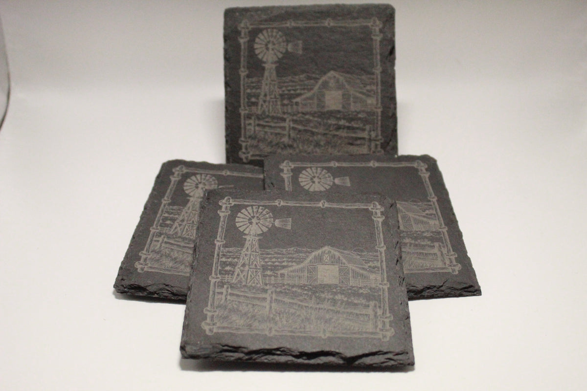 Windmill and Barn Laser Engraved Square Slate Coasters (set of 4)