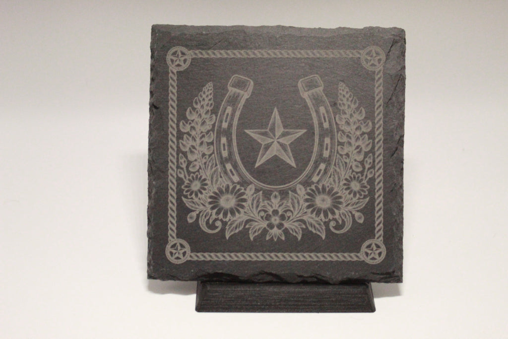 Horseshoe and flowers Laser Engraved Slate Coasters (set of 4)