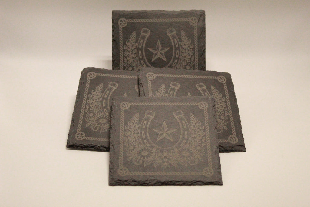 Horseshoe and flowers Laser Engraved Slate Coasters (set of 4)