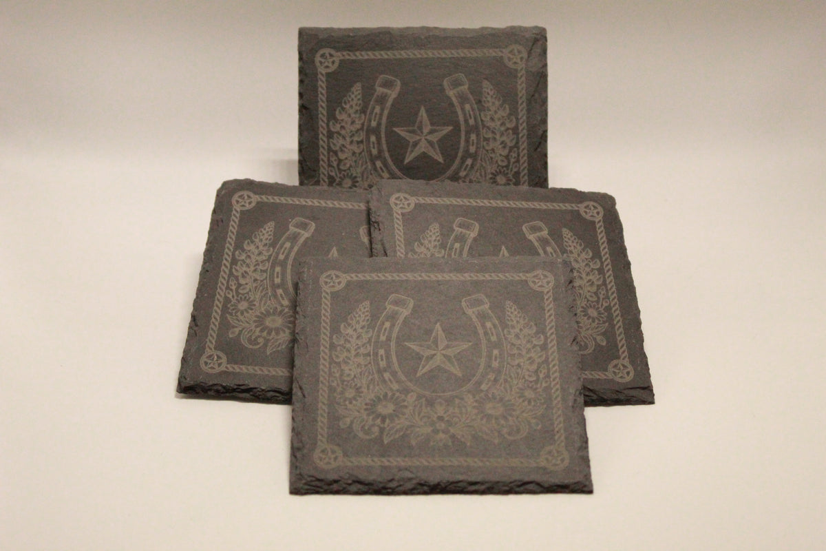 Horseshoe and flowers Laser Engraved Slate Coasters (set of 4)