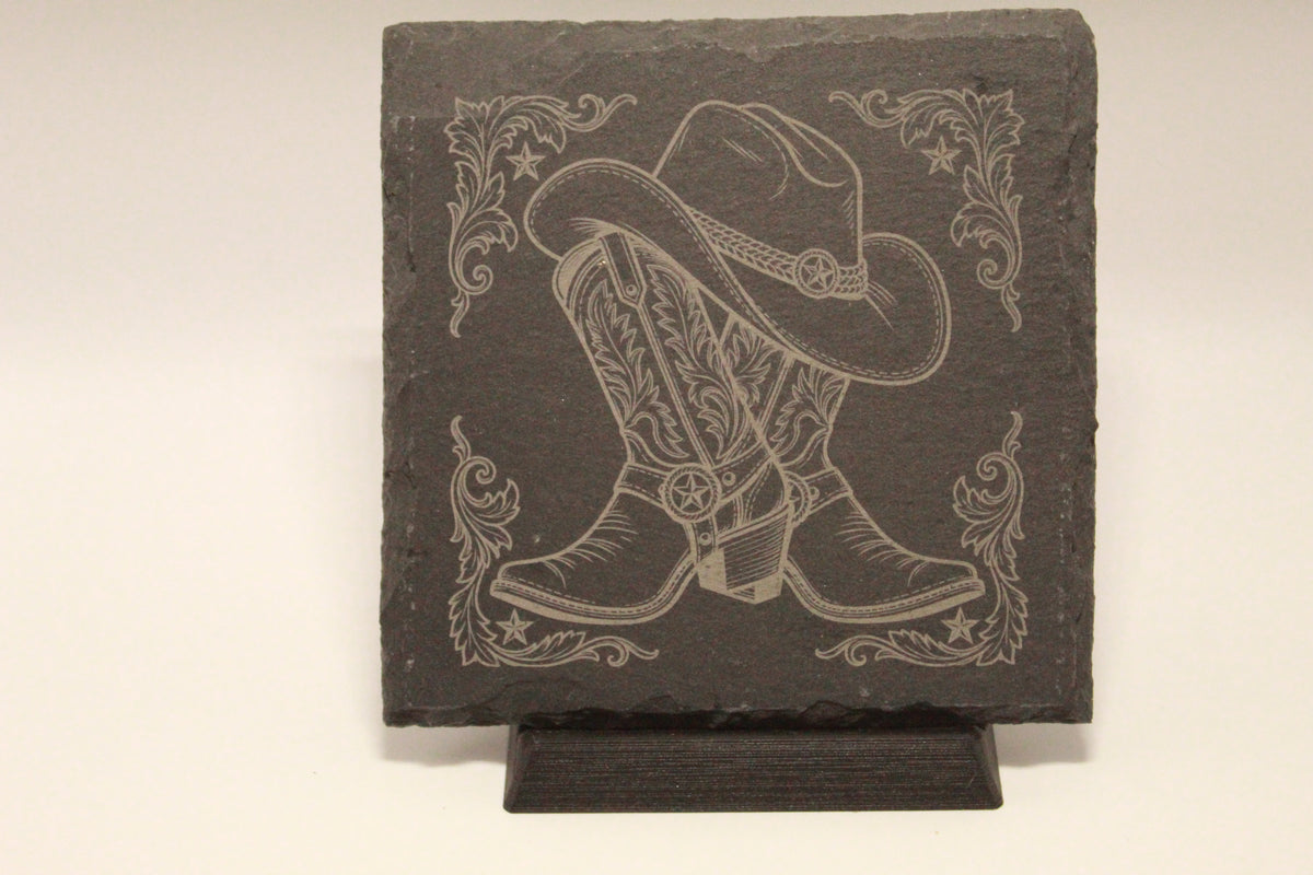 Cowboy Boots and Hat Laser Engraved Square Coaster (set of 4)