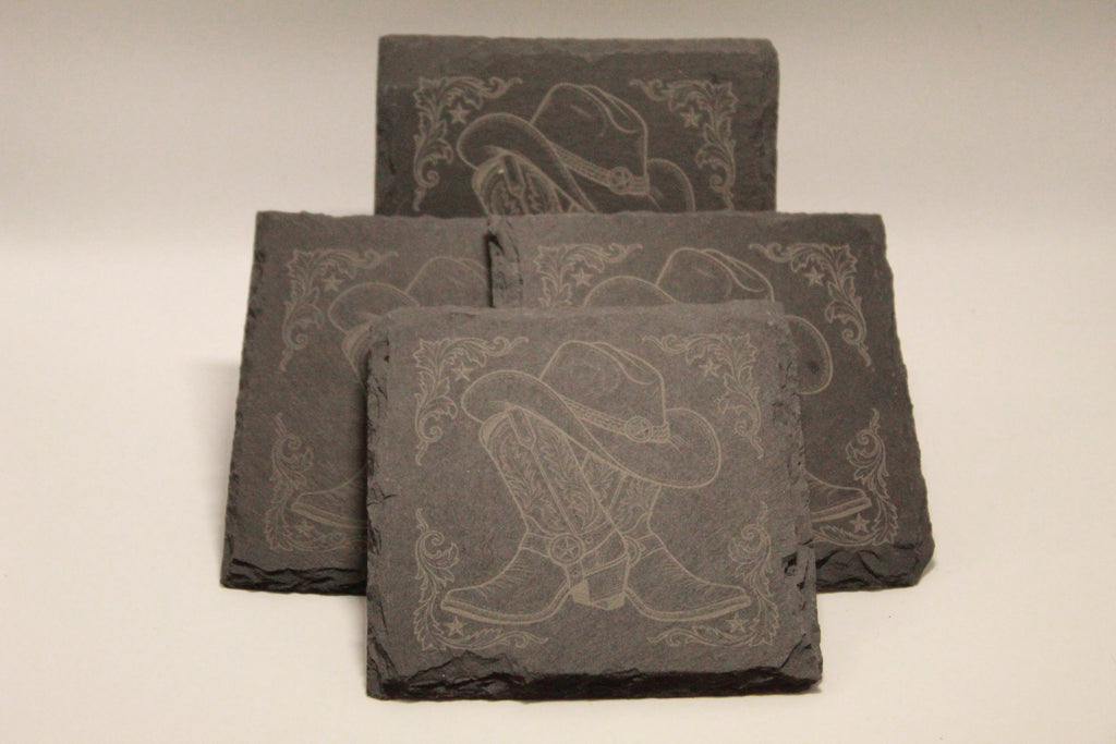 Cowboy Boots and Hat Laser Engraved Square Coaster (set of 4)