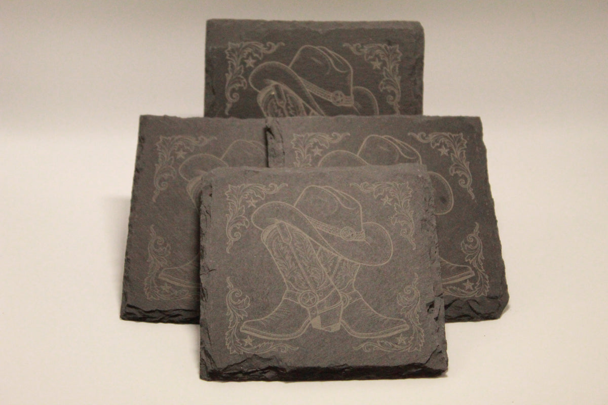 Cowboy Boots and Hat Laser Engraved Square Coaster (set of 4)