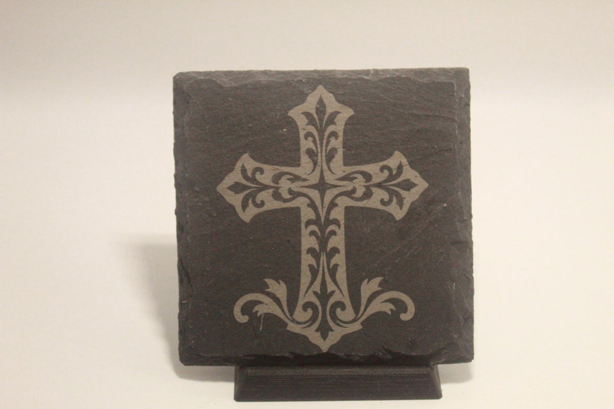 Western Style Cross Laser Engraved Slate Coaster (set of 4)