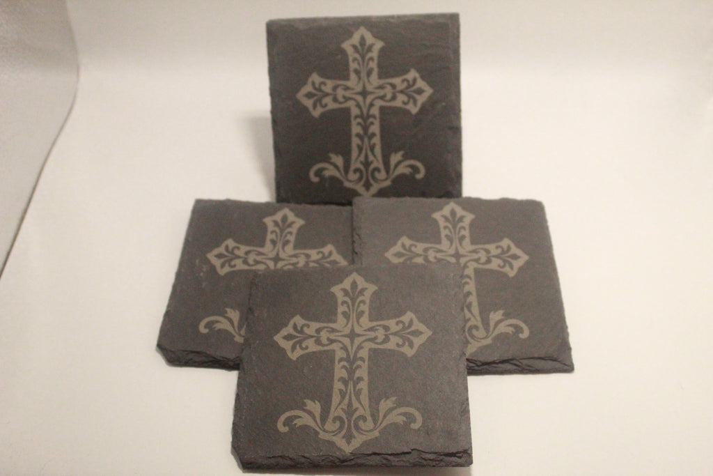 Western Style Cross Laser Engraved Slate Coaster (set of 4)