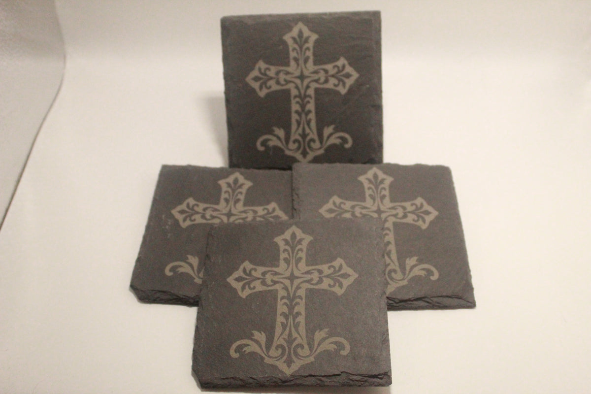 Western Style Cross Laser Engraved Slate Coaster (set of 4)