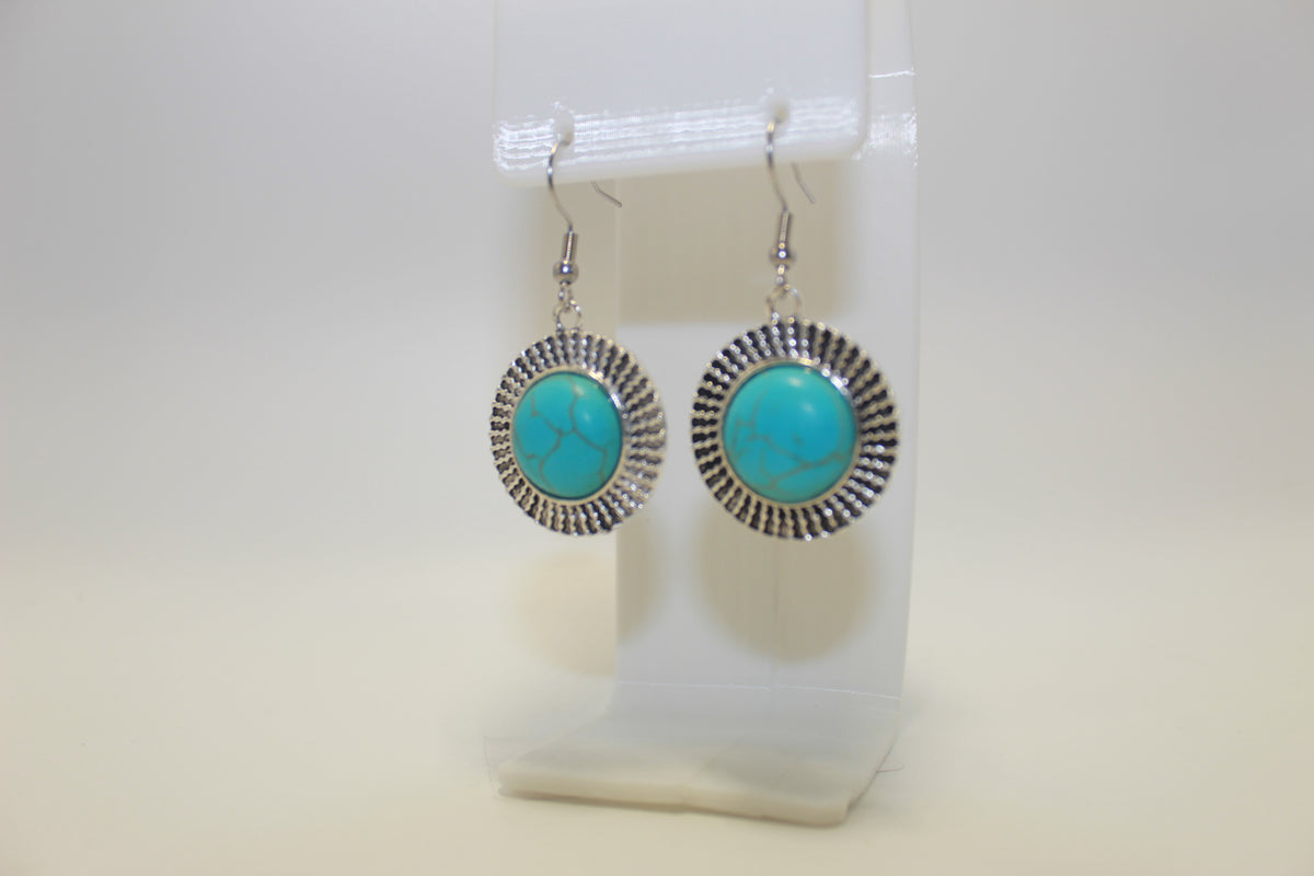 Cyan Blue Round Sunburst Style Earrings