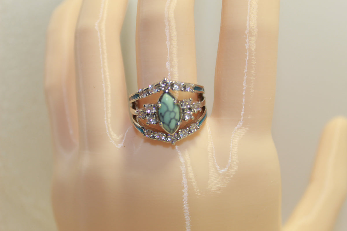 Bohemian Marquise Imitation Turquoise Rings Copper Cubic Zirconia Retro Ethnic Jewelry For Women