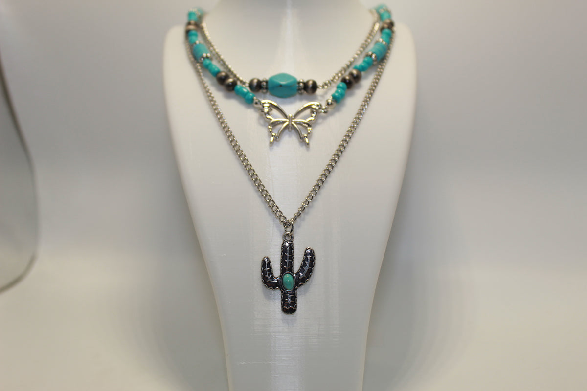Butterfly and Cactus Layered Pendant Style Adjustable Necklace