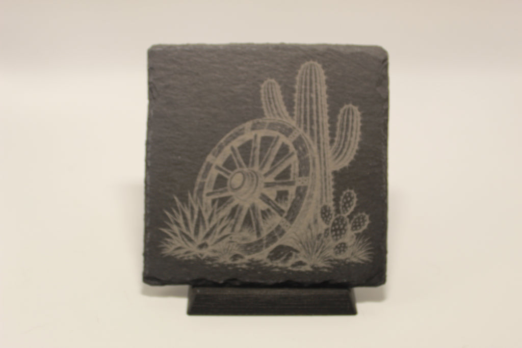 Cactus and Wagon Wheel Laser Engraved Slate Coaster (set of 4)