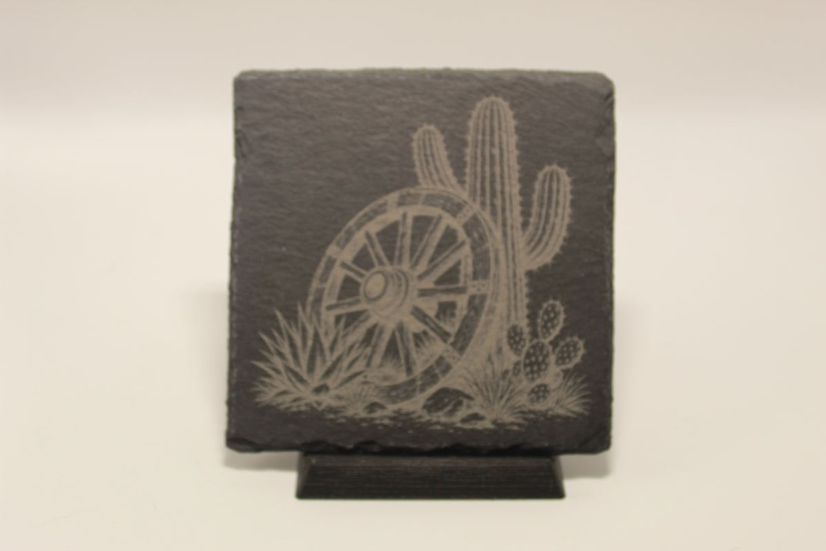 Cactus and Wagon Wheel Laser Engraved Slate Coaster (set of 4)