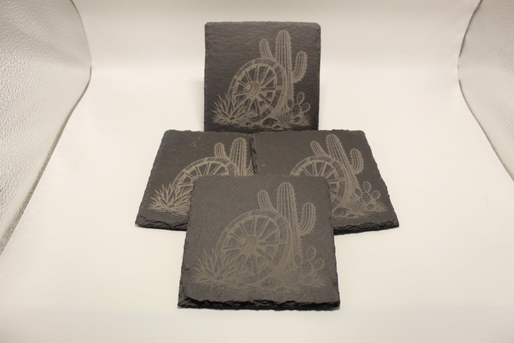 Cactus and Wagon Wheel Laser Engraved Slate Coaster (set of 4)