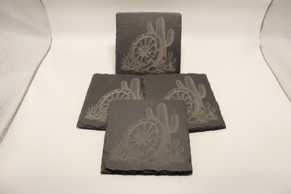 Cactus and Wagon Wheel Laser Engraved Slate Coaster (set of 4)